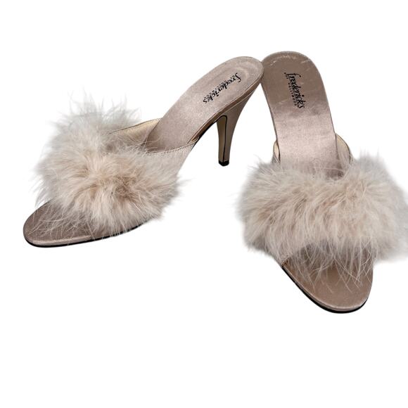 Frederick's Of Hollywood Marabou Feather Boudoir Slippers 7 Cream Heels New - Picture 1 of 9